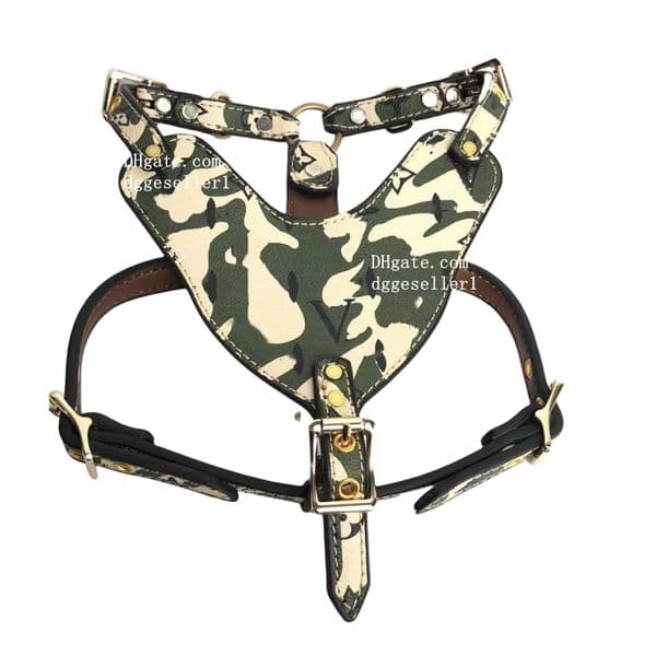 Designer Dog Harness Leash set Classic Letter Pattern Leather Dog Pulling Walking Harness Medium to Large for Bulldog Terrier Pitbull Harness CAMO L B222