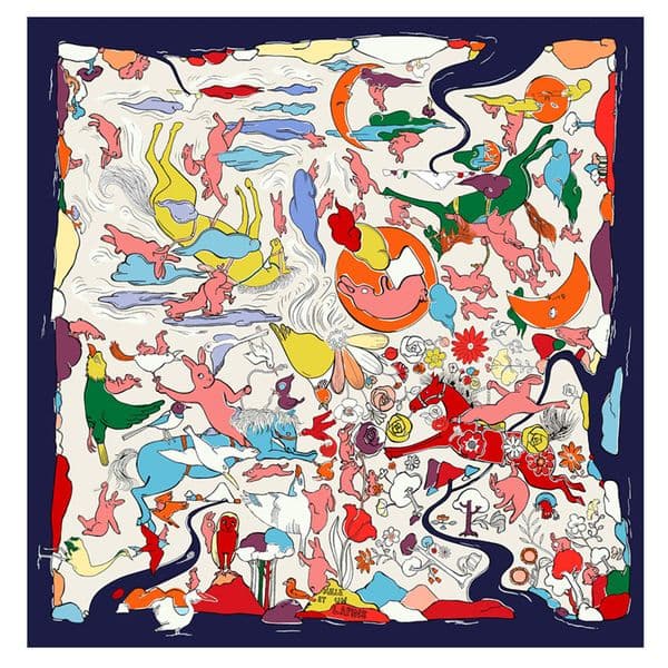 Silk Scarf Women Graffiti Rabbit Zoo Printing Square Scarves Fashion Head Echarpes Silk Foulards Femme Wraps Beach Shawls Bandana Lady Hijabs Beach Towel 90CM X 90CM