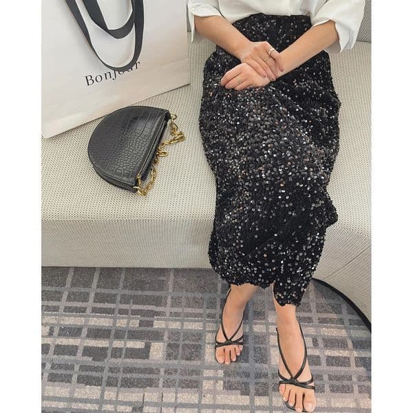Women skirt Sequin Korean Fashion Long Spring Summer Black Y2k High Waist Elegant Chic Balloon Slit Wrap Sexy Vintage 240110
