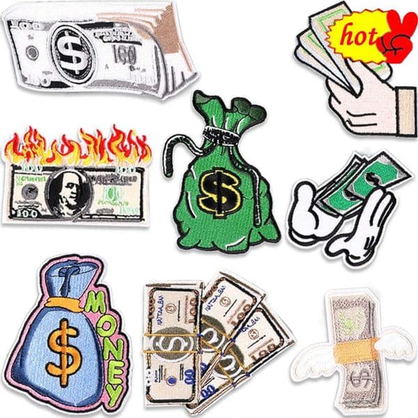 Money Iron on Patches for Clothes Designer Fire Diy Embroidered Thermoadhesive Mochila Thermal Parches Rock Sew Jacket Cute Hat