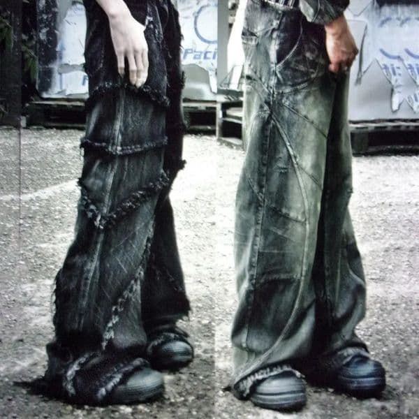 Y2K Tassel Jeans Men's Black Gray Washed Jeans Gothic Style Street Trend Teen Clothes Retro Loose Wide Leg Pants 240115