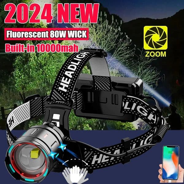 300000 High Lumen LED Senson Headlamp 80W with fluoresce Flashlight Zoom IP68 Waterproof Head Lamp for Camping Hunting 240117