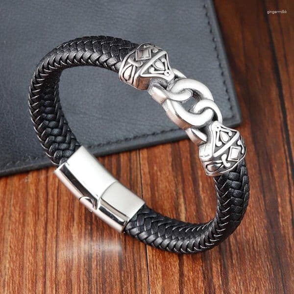 Charm Bracelets Cool Punk Stainless Steel Magnetic Button Design Black Leather Bracelet For Men Fashion Bangles Male Jewelry Gift