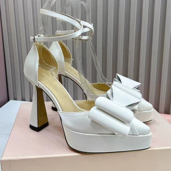 Mach satin sandals women platform heels 12cm thick sole dress diamond bow embellishments luxurious designer shoes pointed toe high heel