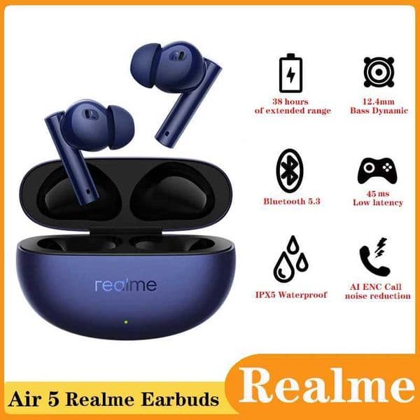 Cell Phone Earphones Realme Buds Air 5 Wireless Bluetooth 5.3 Earbud Waterproof Sport Headphone Active Noise Low Latency Gaming TWS Earphone with Mic J240123