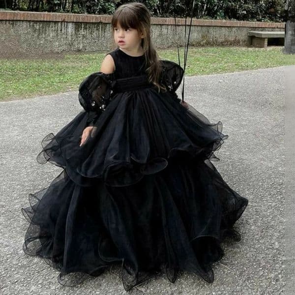 Black Kids Birthday Party Flower Girl Dresses Sheer Neck Long Sleeves Organza Ball Gown Princess Flowergirl Gowns Daughter and Mother Dress CF044