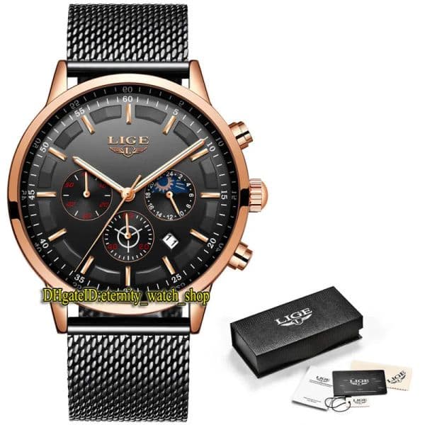 Other Clocks LIGE Eternity LG9877 Sport Mens Watches Date Blacks Dial Japan VK Quartz Chronograph Movement Men Watch Black Steel Case Rose G