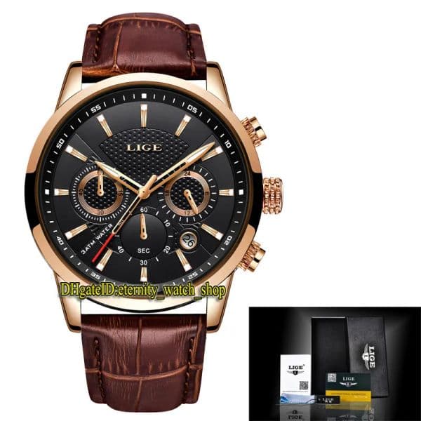Other Clocks LIGE Eternity LG9866 Sport Lige Watch Price Black Dial, Japan VK Quartz Chronograph Movement, Rose Gold Alloy Case, Brown Lea