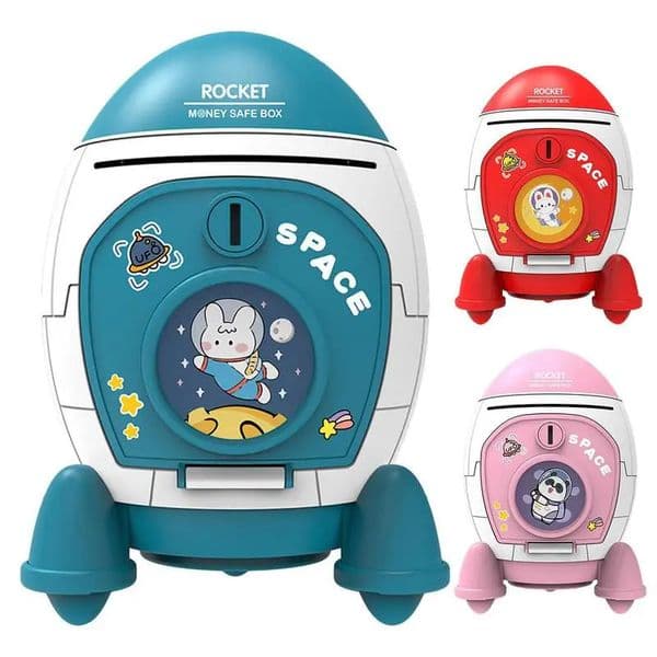 Rocket Piggy Bank with Key Switch Large Capacity Coin Money Box Cartoon Bunny Astronaut Pattern Stickers Birthday Gift for Kids 240118