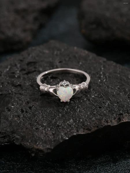 Cluster Rings Adorable Sterling 925 Silver Women's Ring With Heart-shape Opal And Zircon Decoration Simple Lovely Style For Daily Or As A