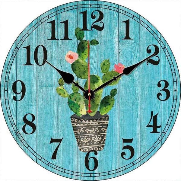 Vintage Wood Tropical Plant Cactus Wall Clock Round Silent Clocks Wall Carfts Decor Home Bedroom Living Room Office DecorationM240731