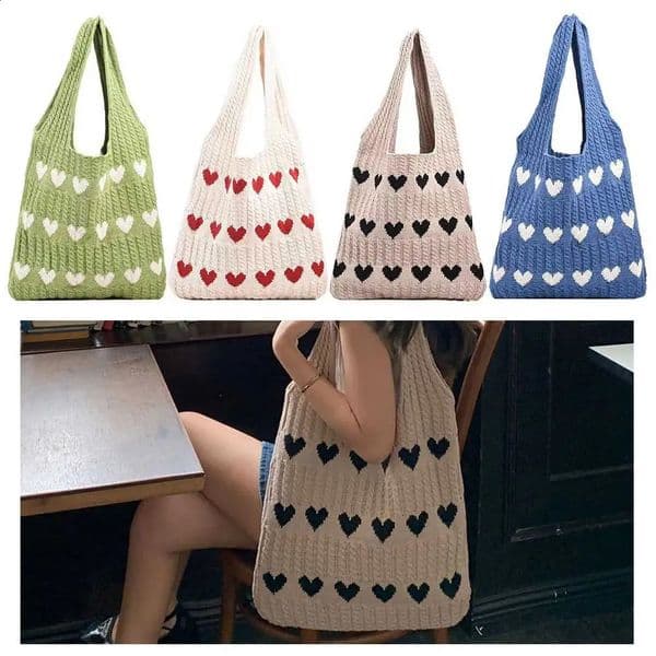 Womens knitted love handbag color blocked lightweight large capacity crochet top 240731