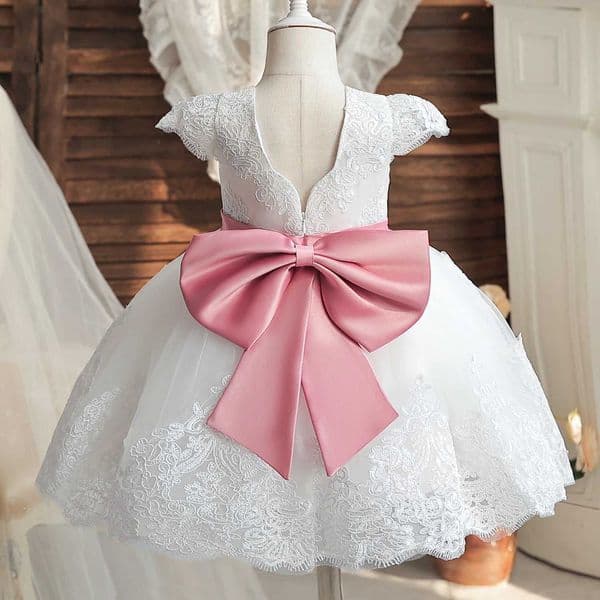 Baby Girl White Baptism Dress Infant 1st Birthday Pink Bow Tutu Gown Flower Girl Dress for Wedding Ceremony Summer Party Costume X250203