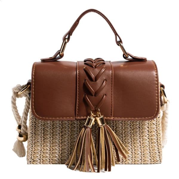 Straw Crossbody Bag PU Leather Beach Shoulder with Tassel Summer Chic Woven Handbag Top Handle for Women 240731
