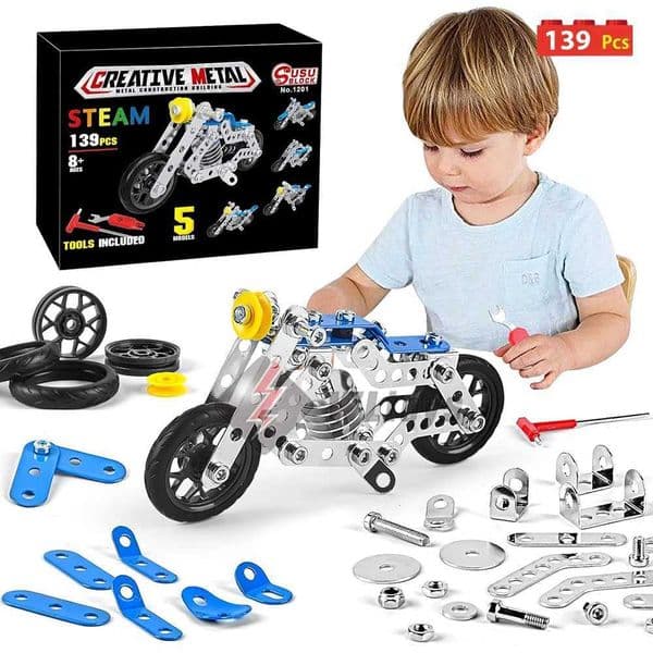 Erector Set Motorcycle Stem Building Toys For Kids Metal Building Construction Model Kit 5 Variable Multi Shape Motorbike Y240731
