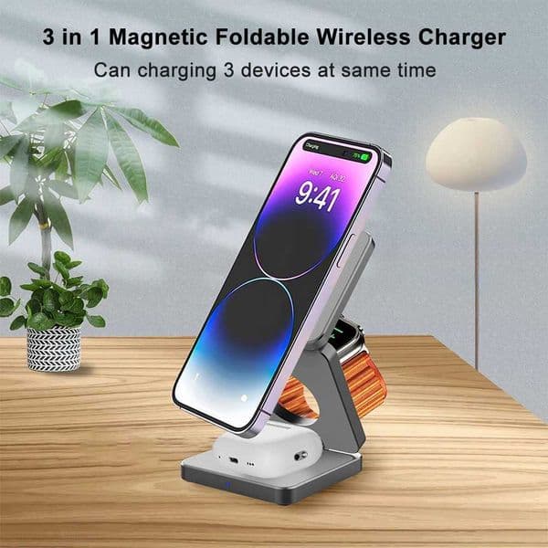 3 in 1 Wireless Charger Stand Magnetic Foldable Wireless Charging Station for iPhone 15 14 13 12 Pro Max Watch 8 9 ChargerM240731