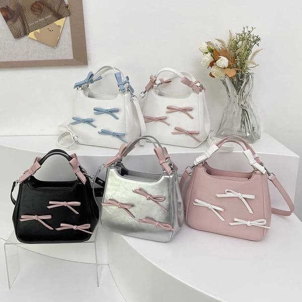Sweet Bow Shoulder Bag PU Leather Trendy Tote with Adjustable Strap Casual Purse Top Handle for Women and Girls 240731