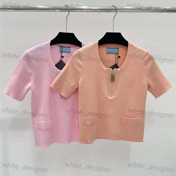 Womens Classic Knitwear Sweaters 24 Summer New Half Zipper Open Chest Inverted Chest Badge Fashion Knitted Short Sleeves tops