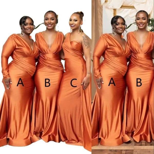 Bridesmaid Dresses Mermaid African Orange Plus Size Nigeria Girls Summer Wedding Guest Dress Sexy V neck Long Maid of Honor Gowns Sweep Train