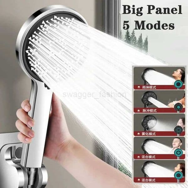 New Silver Big Panel 5 Modes Shower Head Adjustable High Pressure Water Saving Water Massage Shower Faucet Bathroom AccessoriesXJ240802