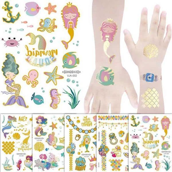 Mermaid Temporary Tattoos for Children Under the Sea Themed Party Supplies Cute Glitter Stickers Girls Birthday Party Decoration Y240801