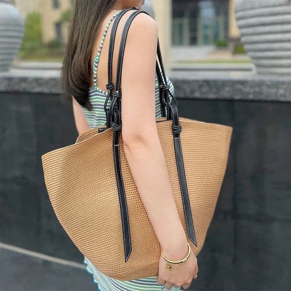 Summer Straw Shoulder Bag Women Large Capacity Rattan Handle Bag Splicing Color Beach Bag Travel Vacation Woven Totes Bag Bolsa