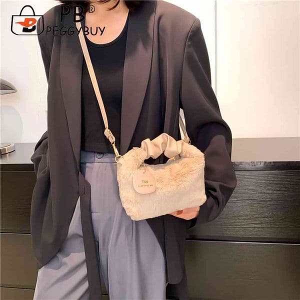 Plush Ladies Crossbody Bags PU Strap Cloud Fold Top-handle Bag Autumn Winter Fashion Casual Solid Color Adjustable for Party