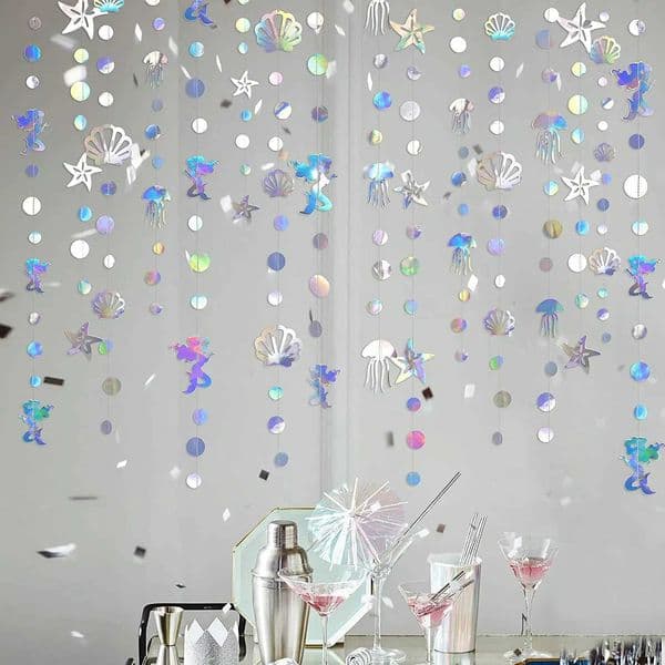 4M Mermaid Themed Silver Dazzling Gradient Pendant Banner Mermaid Bubbles Shell Banner Childrens Day Birthday Party Decorations Y240801