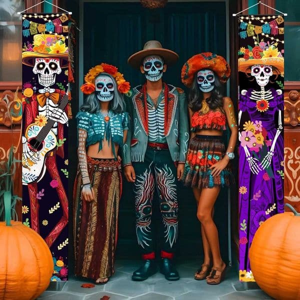 2 Pcs Halloween Dia De Los Muertos Banners Costume Mexico Day of The Dead Banner Outdoor Wall Door Party Decor Ornaments Y240801