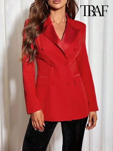 TRAFPatchwork Blazer Coat for Women Long Sleeve Double Breasted Female Outerwear Chic Tops Fashion 240801