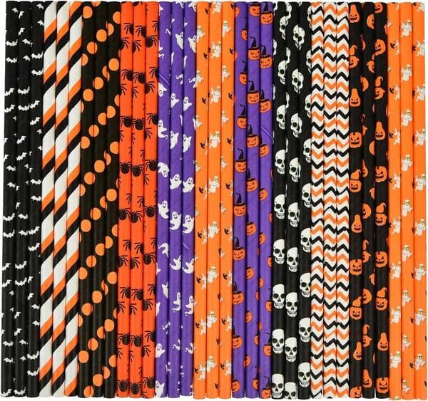 50-200 Counts Halloween Disposable Straws Skull Head Ghost Bats Pumpkin Spider Design Used for Halloween party supplies Y240801