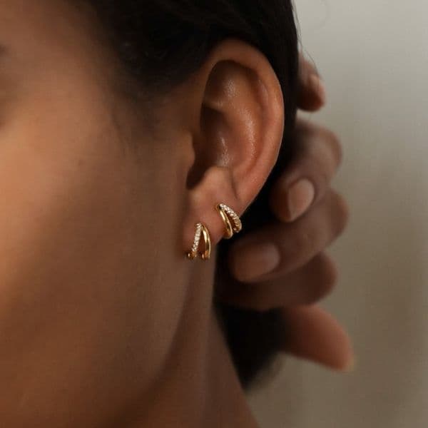 Double Hoop Huggie Earrings Pave Gold Huggie Hoops Diamond Earrings Bridesmaid Wedding Earrings