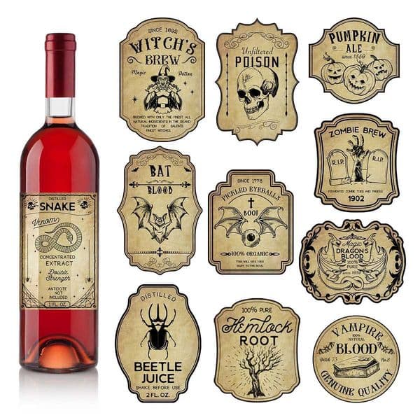 12/24pcs Halloween Retro Horror Gothic Wine Bottle Labels Sticker Vintage Witch Graffiti Potion Decals for Halloween party decor Y240801
