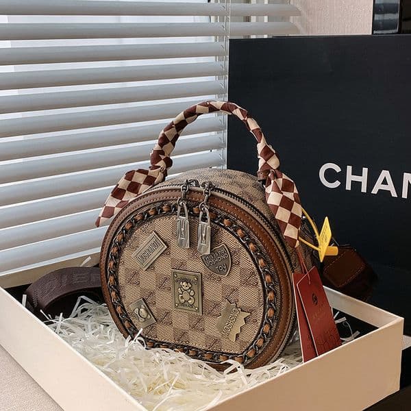 Texture Round Cake Womens Spring New Fashion Emblem Silk Scarf Handbag Versatile Straddle Bag