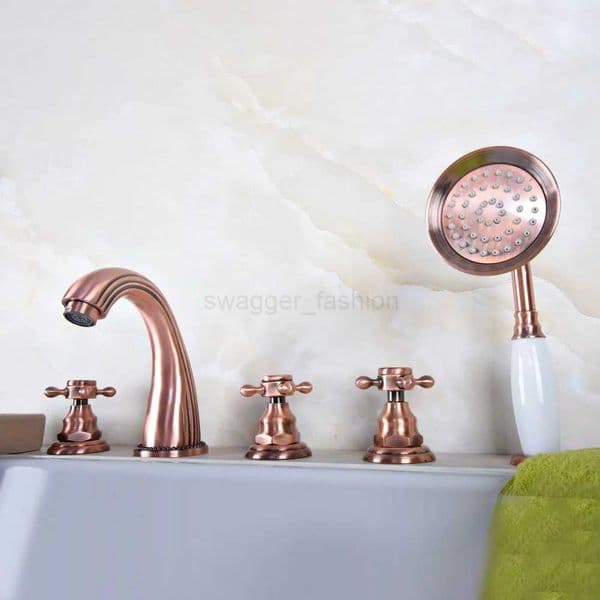 Antique Red Copper Roman Bathtub Mixer Faucet Set with Handheld Shower Deck Mounted 5 Holes Hot and Cold Taps Ntf183XJ240803