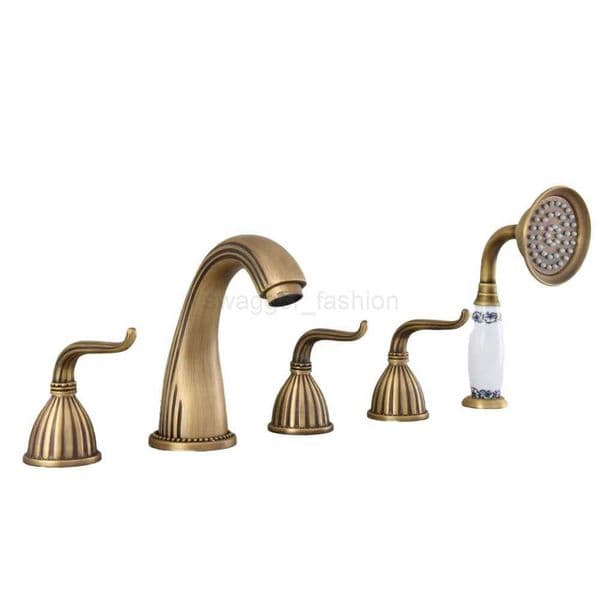 Antique Brass Roman Bathtub Mixer Faucet Set with Handheld Shower Deck Mounted 5 Holes Hot and Cold Taps ttf243XJ240803
