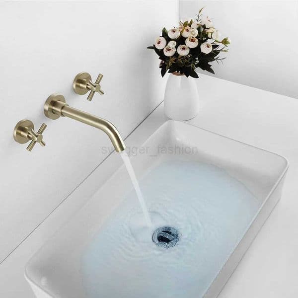 Bathroom Faucet Basin Sink Tap Wall Mounted 2 Cross Handle Bathtub Mixer Faucet Brushed Gold HG-294BGXJ240803