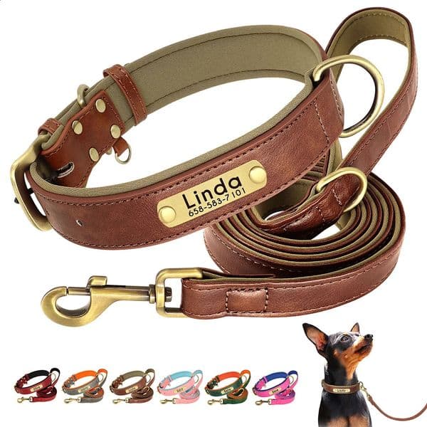 Customized Leather Dog Collar Leash Set Soft Padded Leather Collar For Small Medium Large Dogs With Free Engraved Nameplate 240802