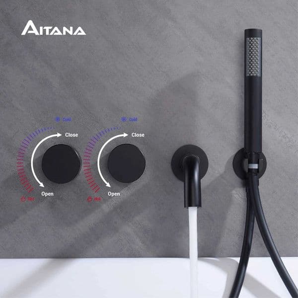 Black luxury brass bathroom faucet wall mounted design 2 handles dual control hot and cold simple bathtub faucet W240802