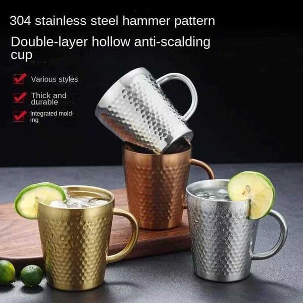 300ml Double-Layer Water Cup Home Dining Drinkware Mugs 304 Stainless Steel Beer Cup Gold Sliver Coffee Mugs With HandleM240803