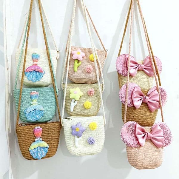 New 2023 Summer Children Girls Shoulder Bag Bowknot Straw Bag Messenger Bag Kids Keys Coin Purse Cute Princess Mini Handbag