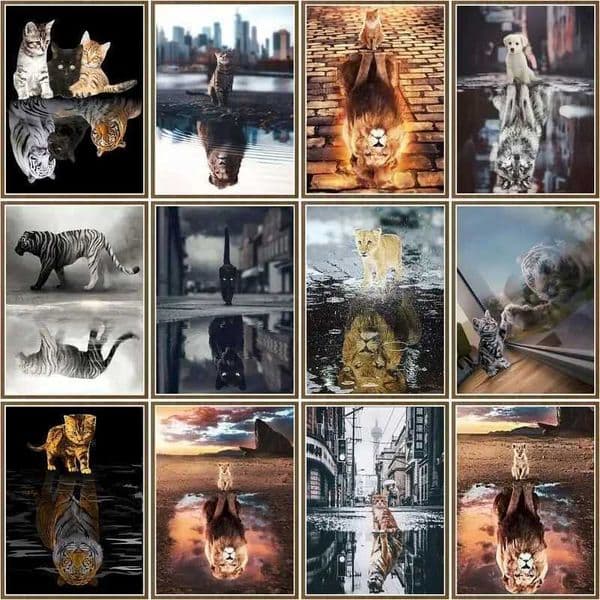 CHENISTORY Coloring By Numbers Animal Reflection Lion Tiger Cat Diy 40x50cm Frame Oil Painting Drawing On Canvas Home DecorXJ240803