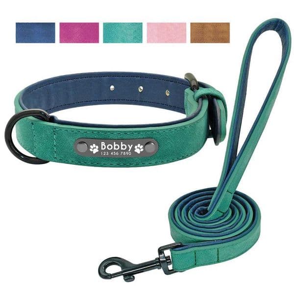 Personalized Dog Collar and Leash Leather Padded Customized Ened Dogs Collars Lead Rope Set Bulldog Pitbull Y240803 K260210