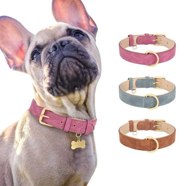 Adjustable Dog Collar Sude Leather Pet Collars Soft Leather Padded Dogs Necklace Collar for Small Medium Large Dogs Pitbull Pink Y240803