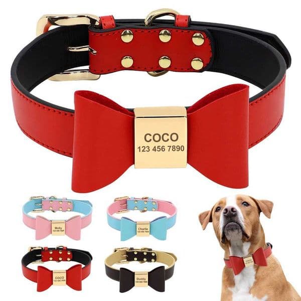 Custom PU Leather Dog Collar Soft Bowknot Pet Collars Engraved Name Puppy Cat Necklace Anti-lost for Small Medium Large Dogs Pug Y240803