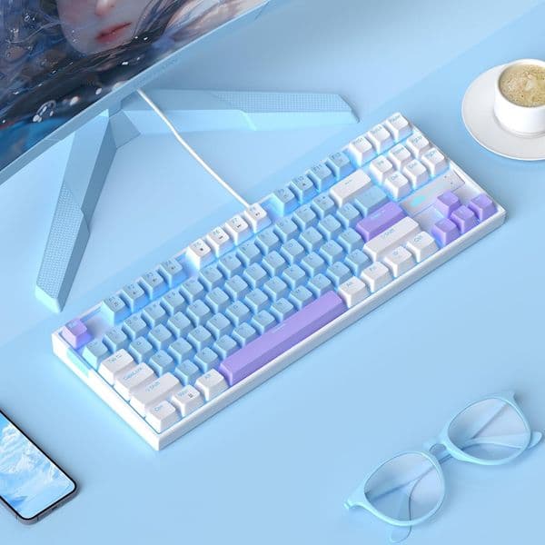 FOGOMOVE Mechanical Gaming with Switch LED Blue Backlit Keyboard 87 Keys Compact TKL Wired Computer Keyboard for Windows Laptop PC Gamer Blue White