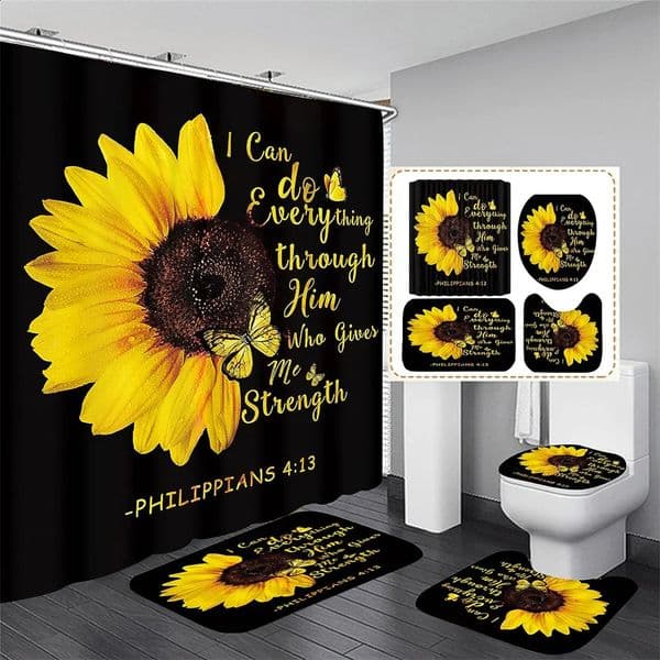 4PCS Flower Shower Curtain Set with Non-Slip Rugs Toilet Lid Cover and Bath Mat Black Shower Curtain Waterproof Bathroom Decor 240801