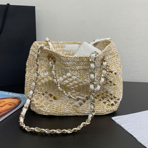 Top Quality 10A Beach bag Luxury Designer Straw Weave Chain Tote Bag Zipper Poket Handbag Gold Hardware Shoulder Bag Fashion Women Vacation Shopping Purse