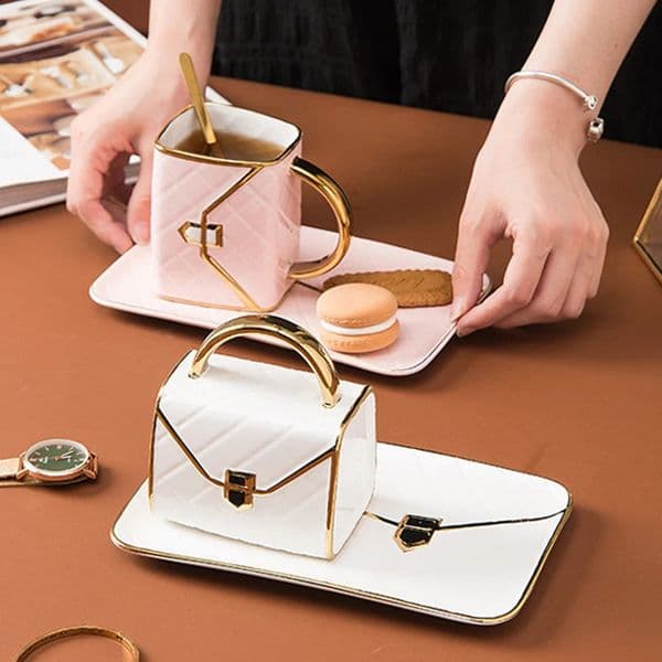 Creative handbag shaped ceramic cup with spoon and sauce coffee milk juice beverage couple friend cup gift 240805