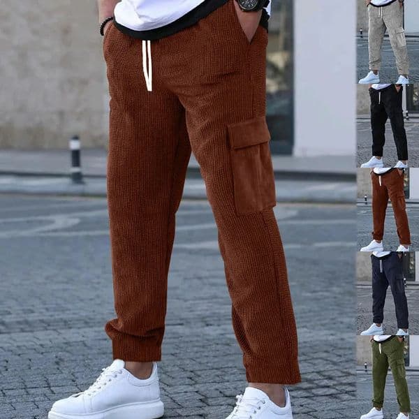 Foreign Trade Mens Corduroy Trousers Solid Color Sports Pants Loose Straight MultiPocket Thin Casual Autumn and Winter 240806